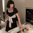 Puff-sleeve Bow A-line Dress / Bow Blouse