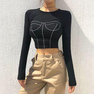 Contrast Trim Long-sleeve Crop Top