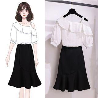 Elbow-sleeve Cold-shoulder Top / Ruffle Hem Midi Skirt / Set