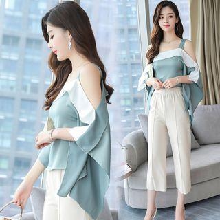 Set: Color Block Cutout Shoulder 3/4-sleeve Top + Cropped Pants