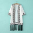 Fringe-trim Embroidered Long Cardigan