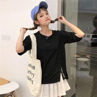 Elbow-sleeve Slitted T-shirt