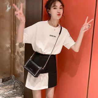 Set: Short-sleeve Lettering T-shirt Dress + Asymmetrical Skirt