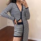 Color-block Striped Long-sleeve Cardigan / High-waist Shorts