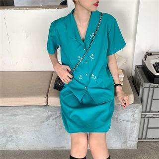 Set : Notch Lapel Shirt + Skirt Green - One Size