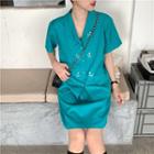 Set : Notch Lapel Shirt + Skirt Green - One Size