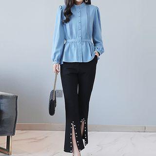 Set: Long-sleeve Blouse + Slit Boot-cut Pants