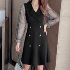 Long-sleeve Dotted Mesh V-neck A-line Mini Dress