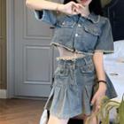 Short-sleeve Denim Crop Shirt / Mini A-line Skirt