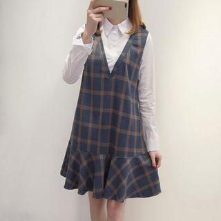 Mock Two-piece Long-sleeve Plaid Panel Dress