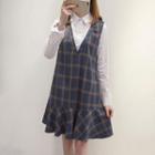 Mock Two-piece Long-sleeve Plaid Panel Dress