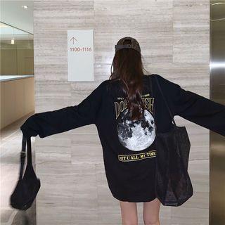 Long-sleeve Moon-print Lettering T-shirt