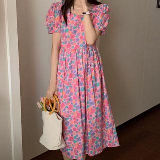 Puff Sleeve Floral Print Midi Dress