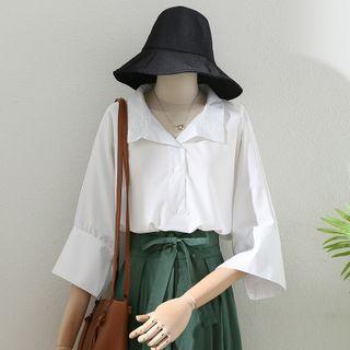 3/4-sleeve Lapel Plain Shirt