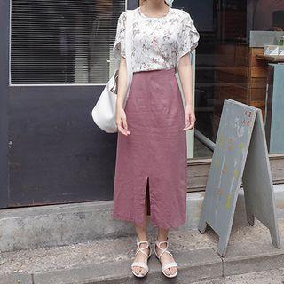 Band-waist Slit-hem Long Skirt