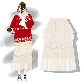 Ruffle Trim A-line Midi Skirt Almond - One Size