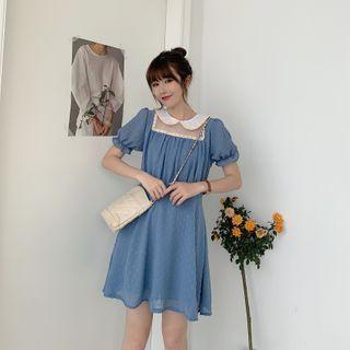 Puff-sleeve Peter Pan Collar Ruffled Lace Panel Crochet Dress