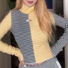 Color Panel Striped Turtleneck Long-sleeve T-shirt