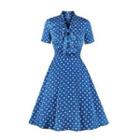 Short-sleeve Tie-neck Dotted Midi A-line Dress