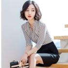 Elbow-sleeve Striped Blouse / Mini Pencil Skirt / Dress Pants / Set