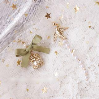 Non-matching Faux Pearl Alloy Bird & Cage Dangle Earring