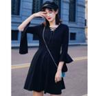 Bell-sleeve Lace-up Mini A-line Dress