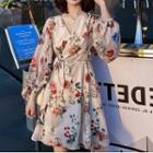 Lantern-sleeve Floral Drawstring Dress