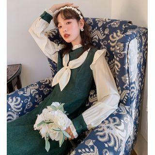 Long-sleeve Bow-accent Mock Two-piece Midi Dress