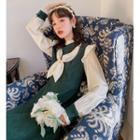 Long-sleeve Bow-accent Mock Two-piece Midi Dress