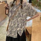 Elbow-sleeve Print Shirt / Midi A-line Skirt