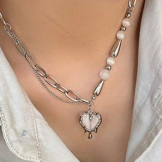 Melting Heart Faux Cat Eye Stone Pendant Alloy Necklace Silver - One Size