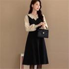 Color-block Balloon-sleeve Knit Dress Black - One Size