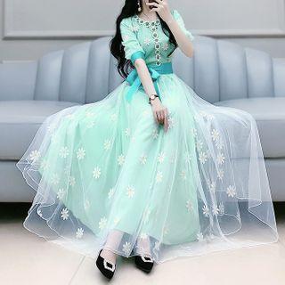 Short-sleeve Tie-waist Floral Embroidered Mesh Maxi A-line Dress