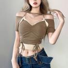 Short-sleeve Off-shoulder Halter Neck T-shirt