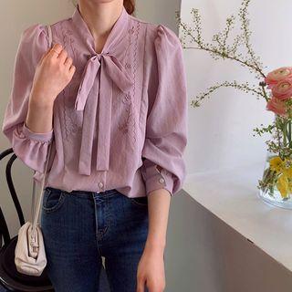 Tie-front Embroidered-trim Blouse