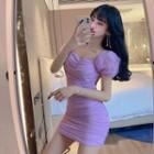 Puff-sleeve Square-neck Mesh Slim-fit Dress