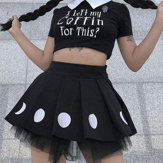 Moon Phases Embroidered Pleated Mini A-line Skirt