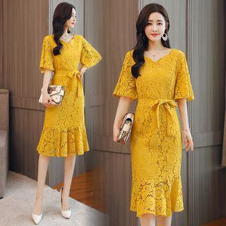 Elbow-sleeve Lace Midi Sheath Dress