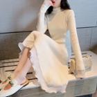Ruffle Trim Long-sleeve Midi Knit A-line Dress