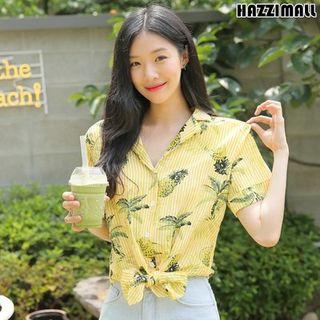 Tie-hem Pineapple Pattern Stripe Shirt