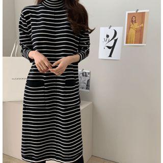 Turtle-neck Striped Knit Dress Free