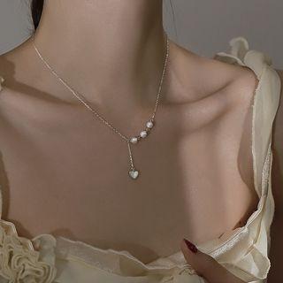 Heart Faux Pearl Pendant Alloy Necklace Silver - One Size