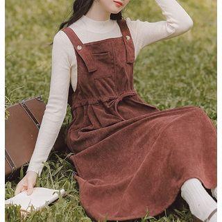 Mock-neck Plain Sweater / Drawstring Midi Overall Dress / Set