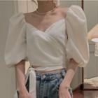 Puff-sleeve Tie-waist Cropped Blouse White - One Size