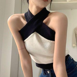 Halter Two Tone Knit Top White - One Size