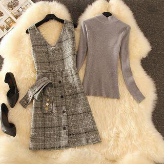 Long-sleeve Knit Top / Plaid Pinafore Dress / Set