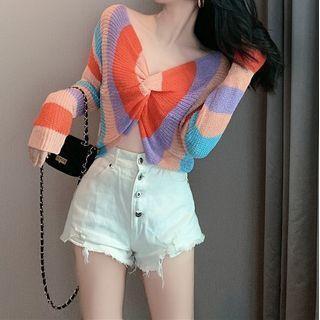Contrast Color Striped Twist Cropped Knit Top