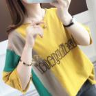Elbow-sleeve Embroidered Letter Color Block T-shirt