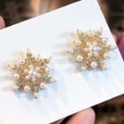 Faux Pearl Snow Flake Stud Earring 1 Pair - Snowflake - Gold & White - One Size