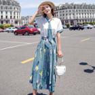 Set: Short-sleeve Top + Print Accordion Pleat Midi Skirt